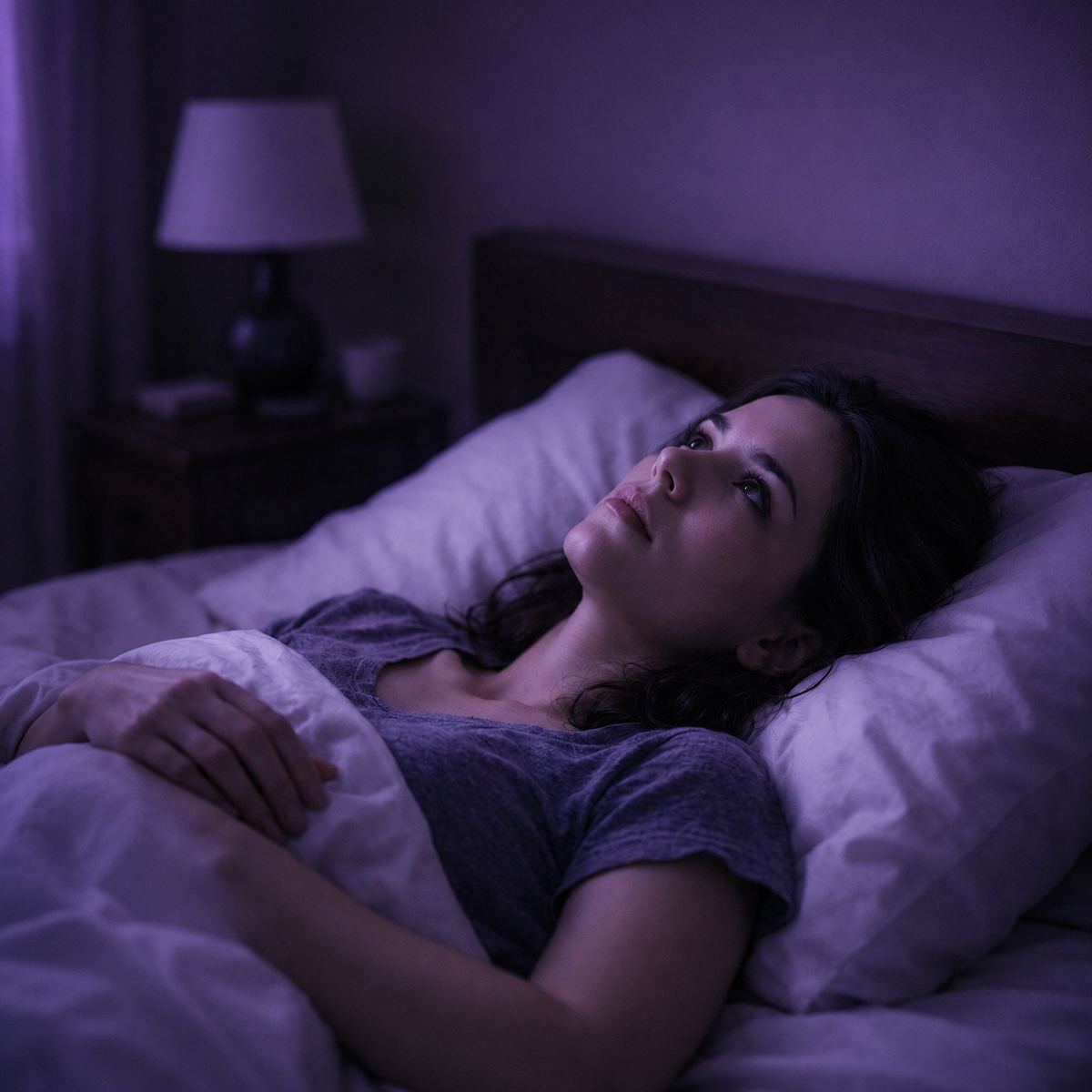 Woman lying awake in bed at night, unable to sleep