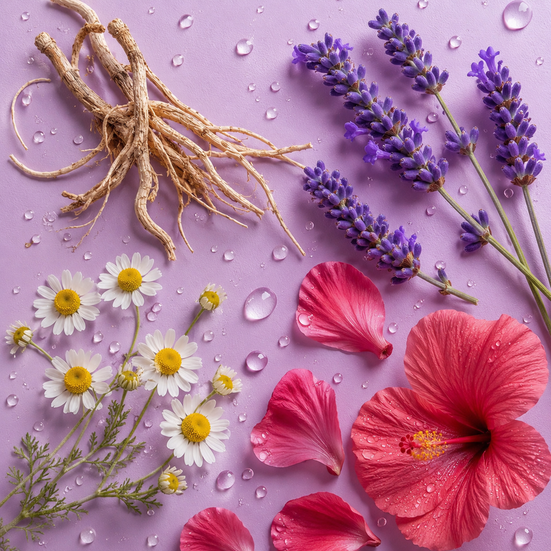 Valerian root, lavender, chamomile, hibiscus and water droplets on purple surface