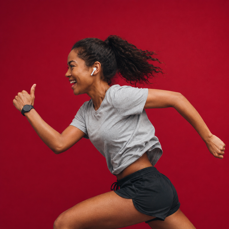 Woman running joyfully against red background