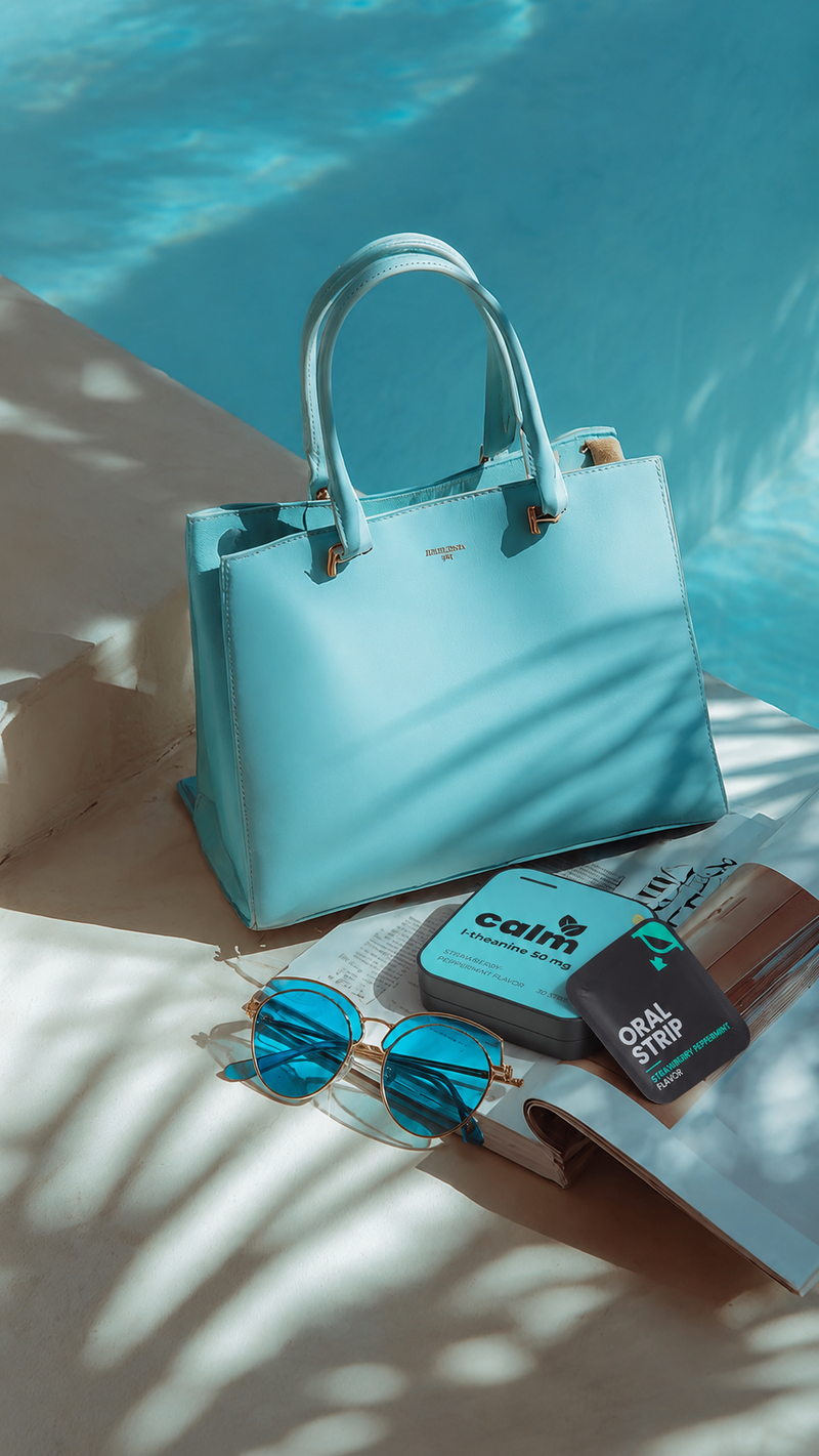 Calm strips product by poolside with sunglasses and bag