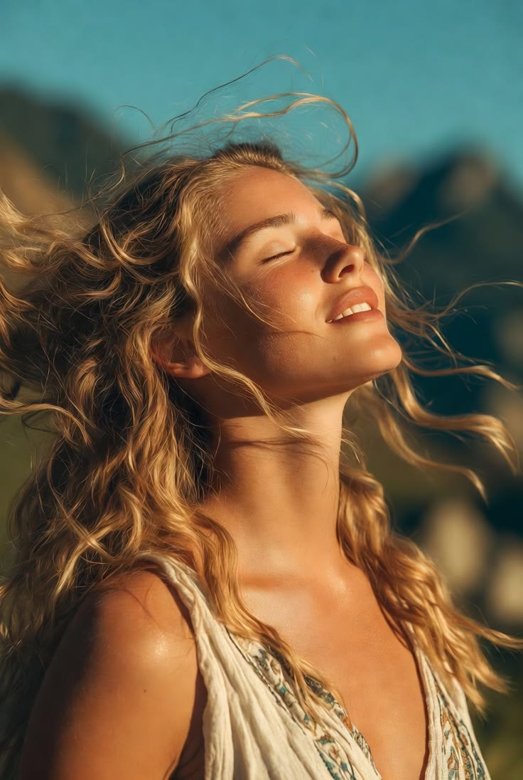 Woman with curly blonde hair eyes closed in sunlight feeling calm