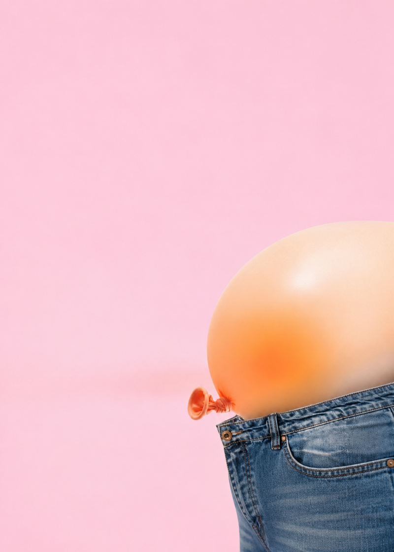Peach balloon in blue denim jeans