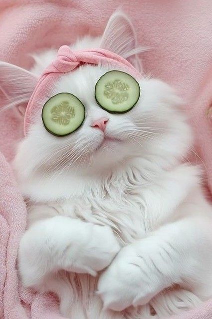 White cat in pink blanket with cucumber slices on eyes