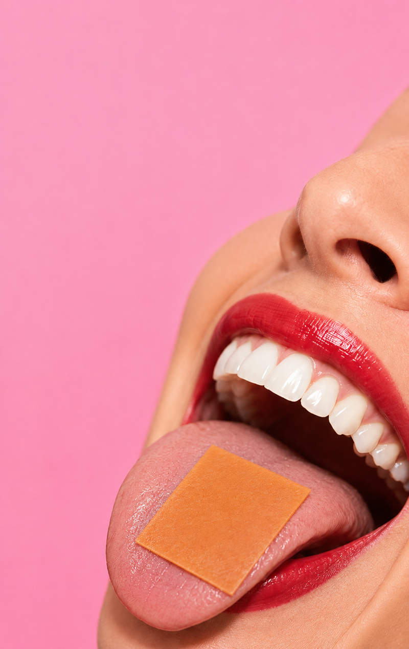 Close-up of tongue with orange dissolvable strip