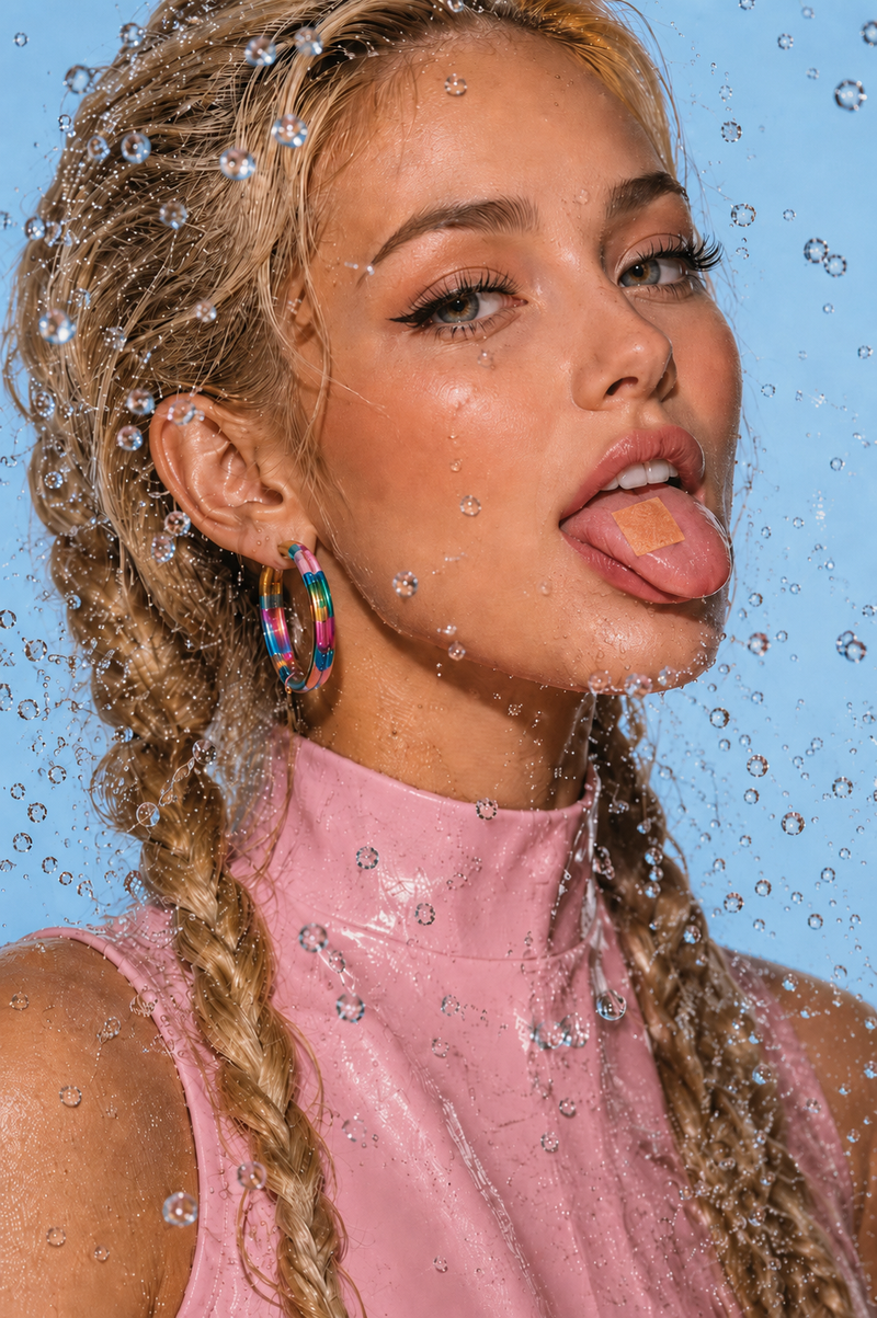 Woman with braids and dissolvable strip on tongue