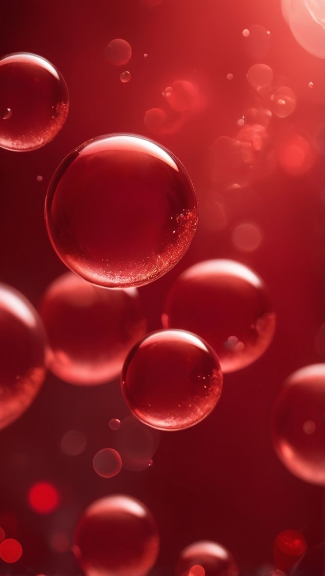 Red spherical translucent shapes in liquid medium