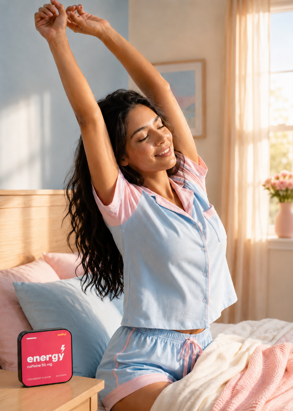 Woman stretching in bed with melty energy strips on nightstand
