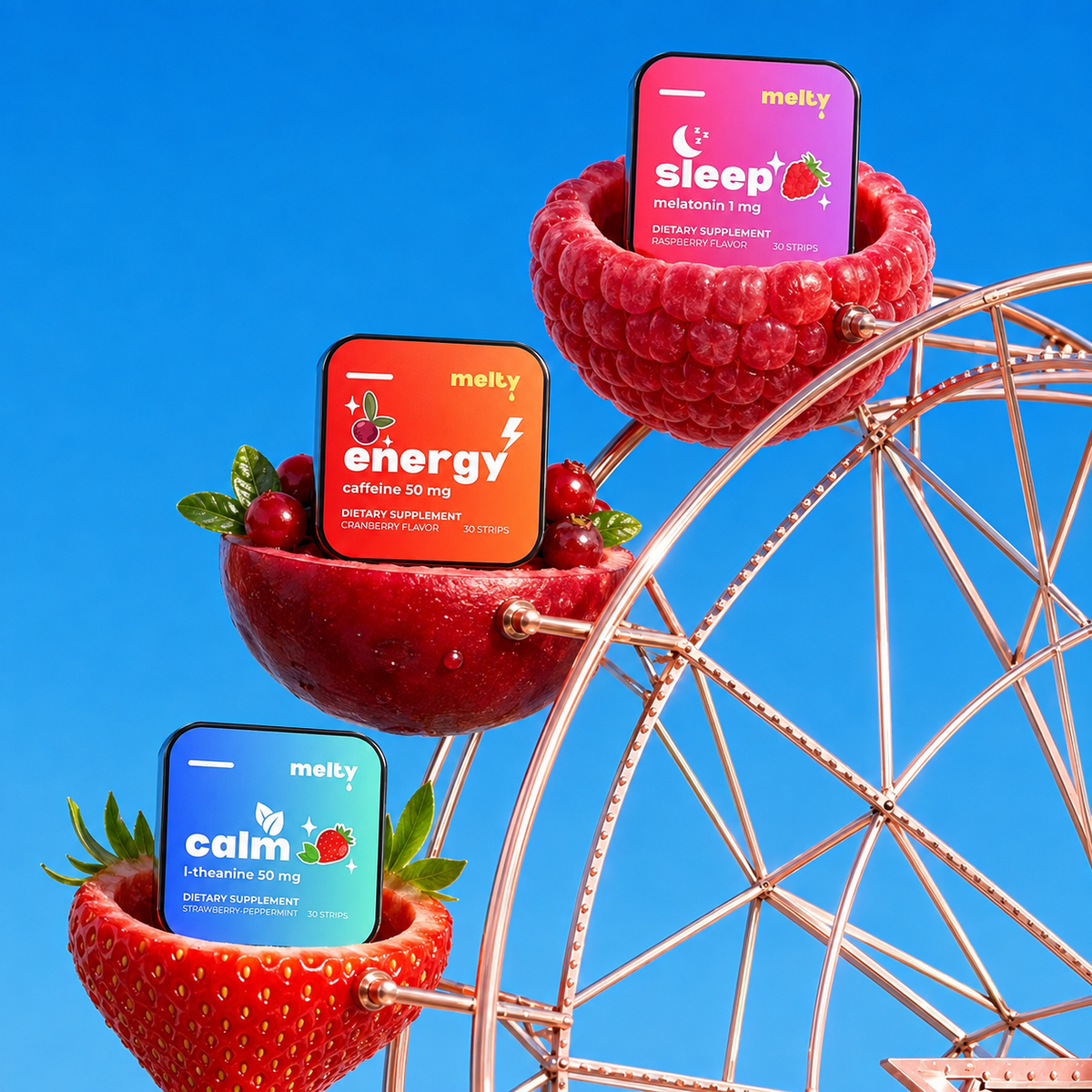 melty energy, sleep and calm strip tins riding a fruit Ferris wheel