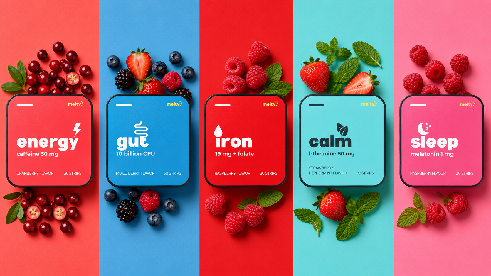melty energy, gut, iron, calm and sleep vitamin strips with fruit
