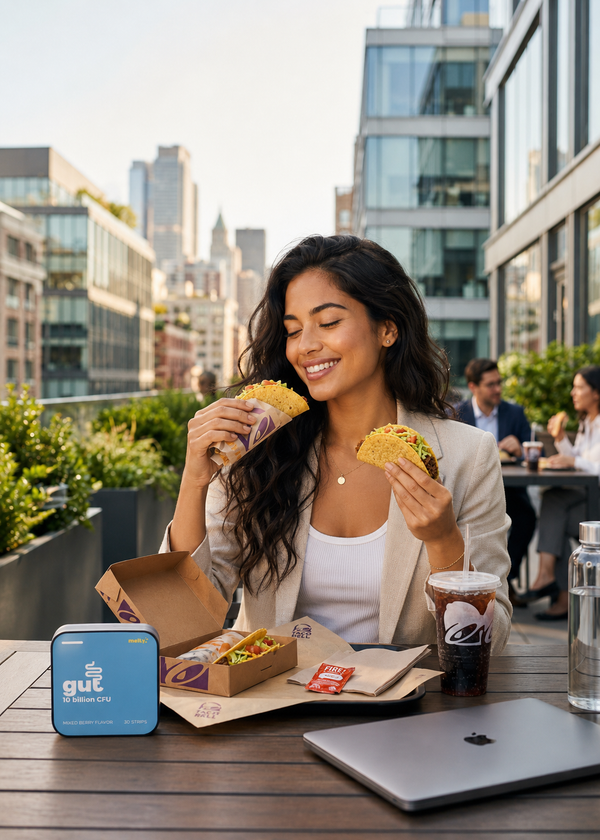 Woman eating tacos with melty gut health strips on outdoor terrace table