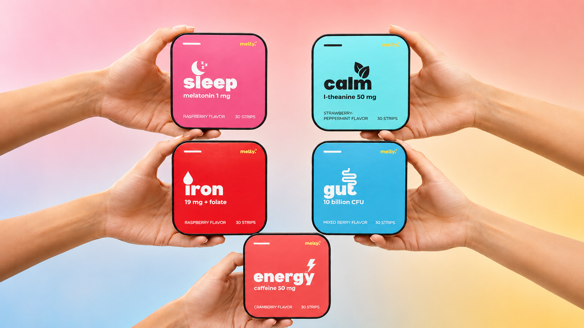 melty energy, gut, iron, calm and sleep vitamin strip containers held against a colorful gradient background