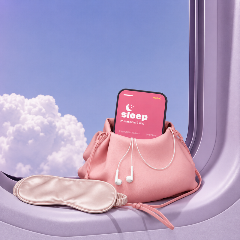 Sleep strips travel pouch with eye mask on airplane window sill