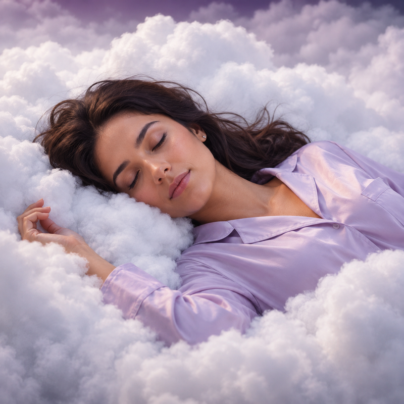 Woman sleeping peacefully surrounded by clouds
