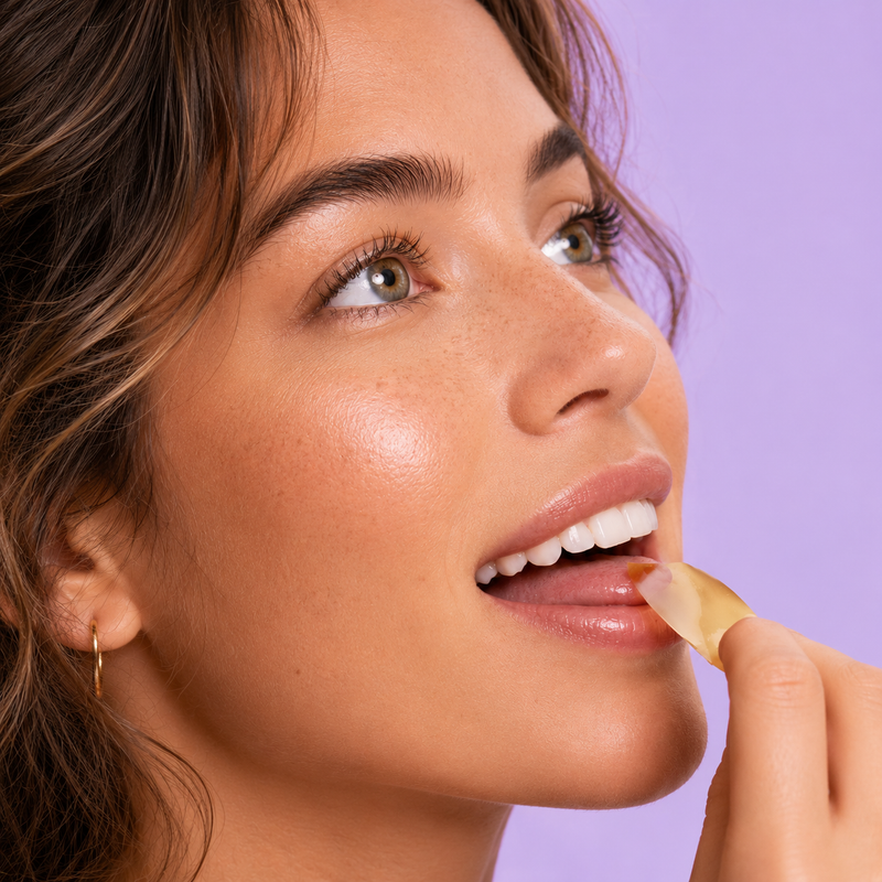 Woman placing strip on tongue