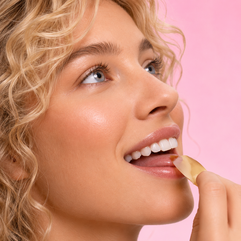 Woman placing strip on tongue