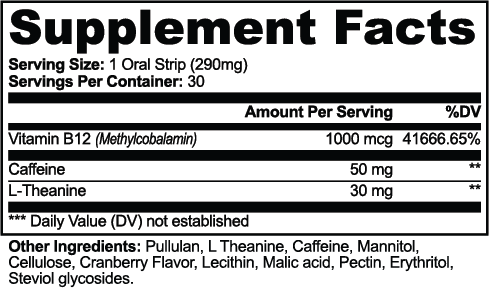 Supplement Facts label for melty energy strips